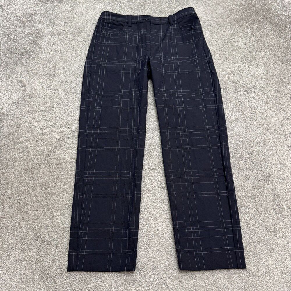 Theory Treeca Dover Tech Plaid Dress Pants Womens 2 Navy Blue Ankle Slim Stretch